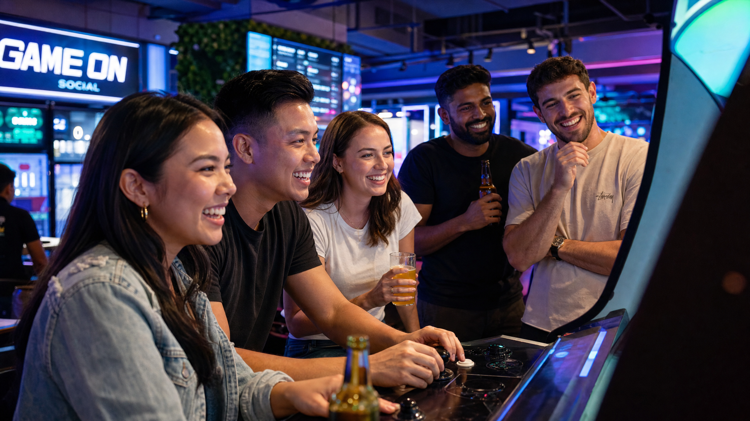 Friends enjoying social arcade games together